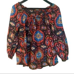 Anthropologie cotton and silk colourful print bohemian peasant top